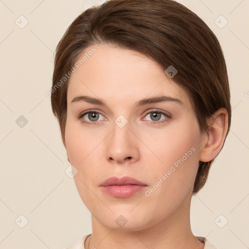 Neutral white young-adult female with short  brown hair and brown eyes