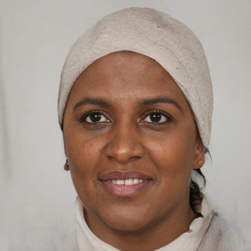 Joyful black adult female with short  black hair and brown eyes