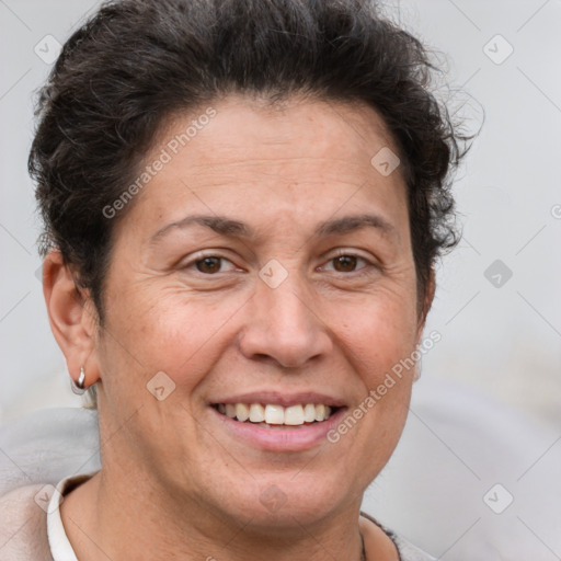 Joyful white adult female with short  brown hair and brown eyes