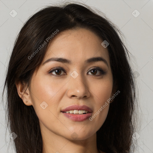 Joyful white young-adult female with long  brown hair and brown eyes