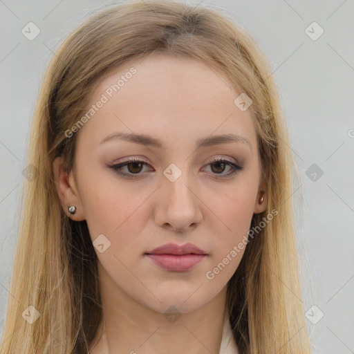 Neutral white young-adult female with long  brown hair and brown eyes