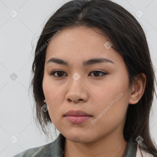 Neutral white young-adult female with long  brown hair and brown eyes