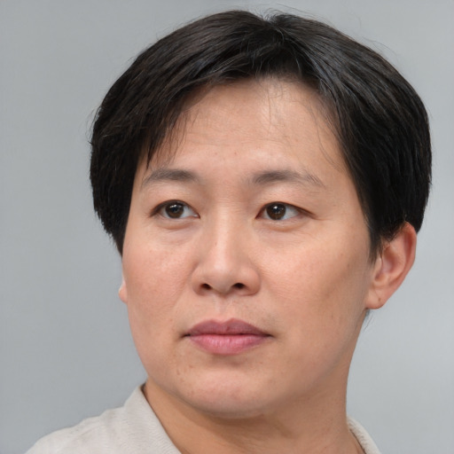 Neutral asian adult male with short  brown hair and brown eyes