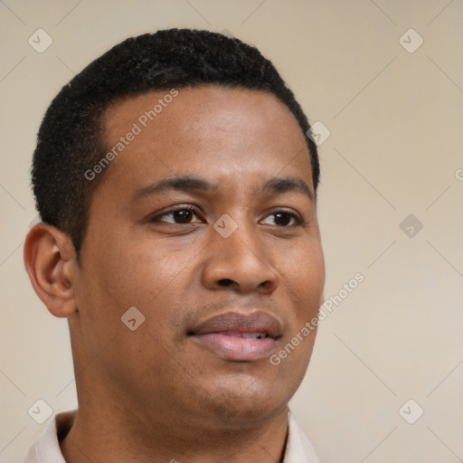 Neutral latino young-adult male with short  brown hair and brown eyes