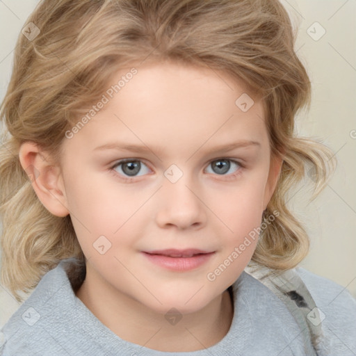 Joyful white child female with medium  brown hair and blue eyes