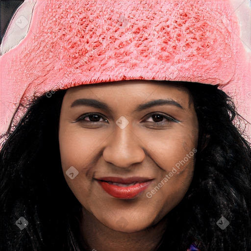 Joyful white young-adult female with long  black hair and brown eyes