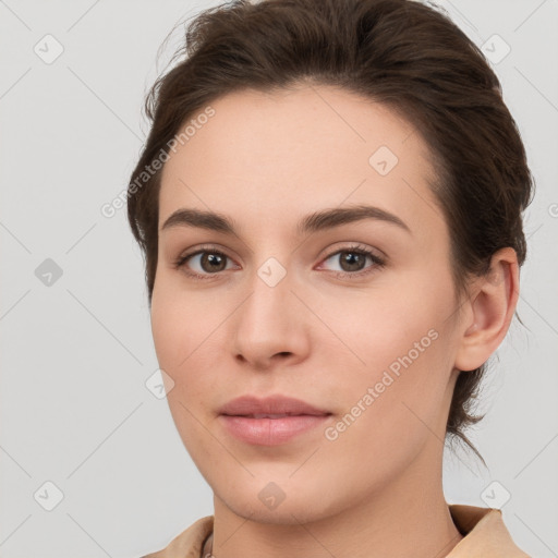 Neutral white young-adult female with short  brown hair and brown eyes