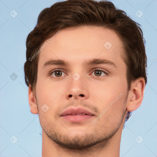 Neutral white young-adult male with short  brown hair and brown eyes