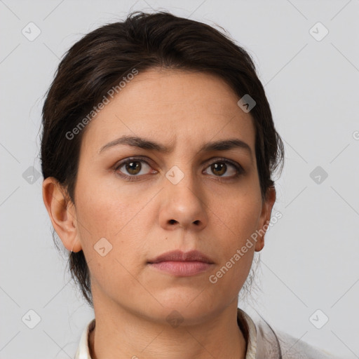 Neutral white young-adult female with short  brown hair and brown eyes