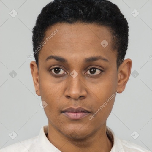 Neutral latino young-adult female with short  black hair and brown eyes