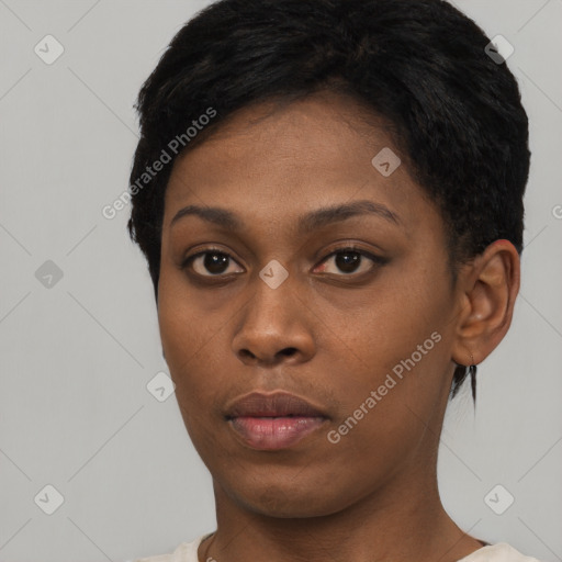 Neutral black young-adult female with short  black hair and brown eyes