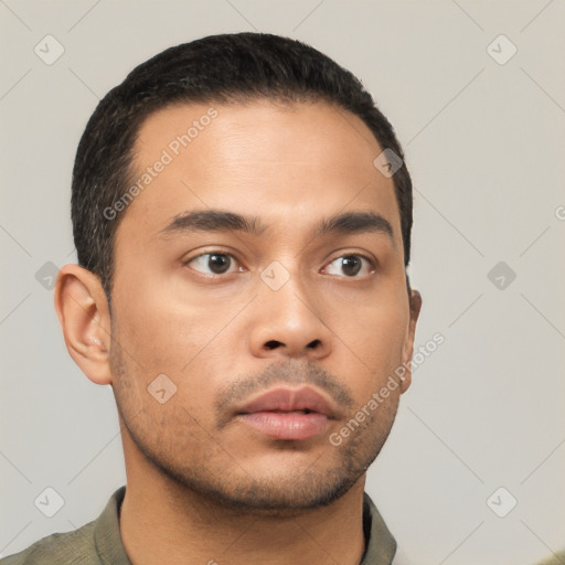 Neutral latino young-adult male with short  brown hair and brown eyes