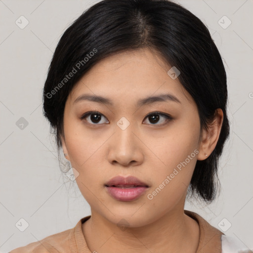 Neutral asian young-adult female with medium  black hair and brown eyes