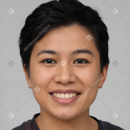 Joyful asian young-adult female with short  brown hair and brown eyes