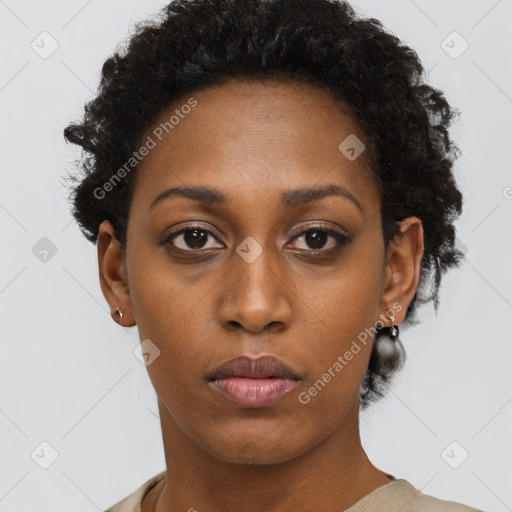 Neutral black young-adult female with short  black hair and brown eyes