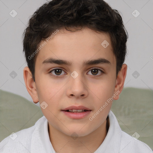 Joyful white child male with short  brown hair and brown eyes