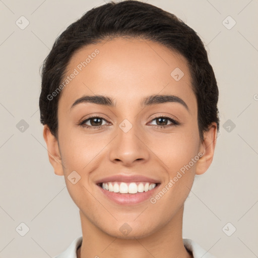 Joyful white young-adult female with short  brown hair and brown eyes