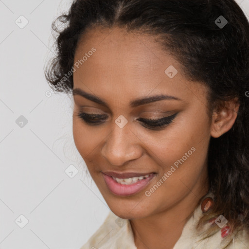 Joyful latino young-adult female with medium  brown hair and brown eyes