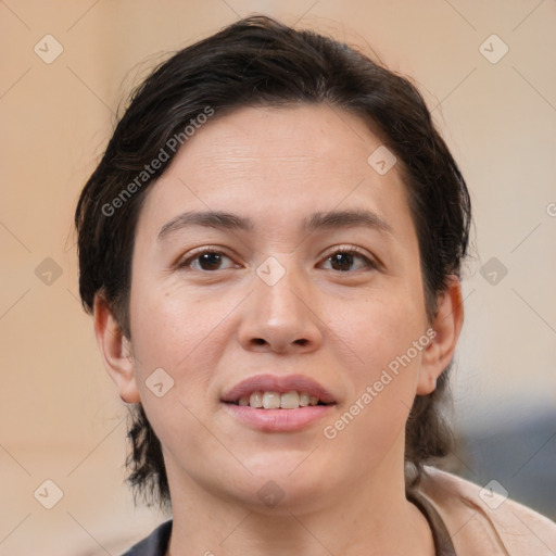 Joyful white young-adult female with medium  brown hair and brown eyes