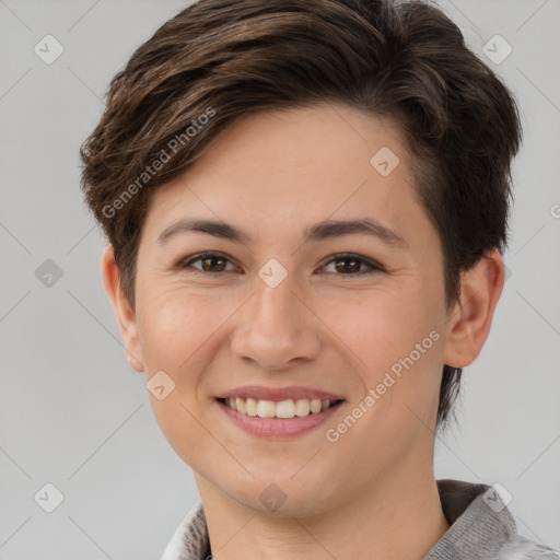 Joyful white young-adult female with short  brown hair and brown eyes