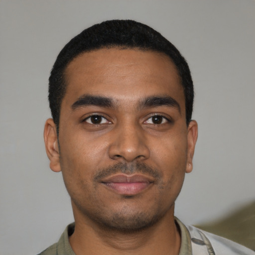 Neutral black young-adult male with short  black hair and brown eyes