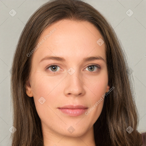 Neutral white young-adult female with long  brown hair and grey eyes