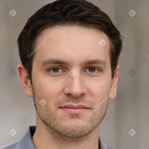 Neutral white young-adult male with short  brown hair and brown eyes