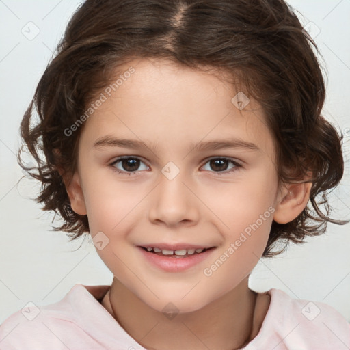 Joyful white child female with medium  brown hair and brown eyes