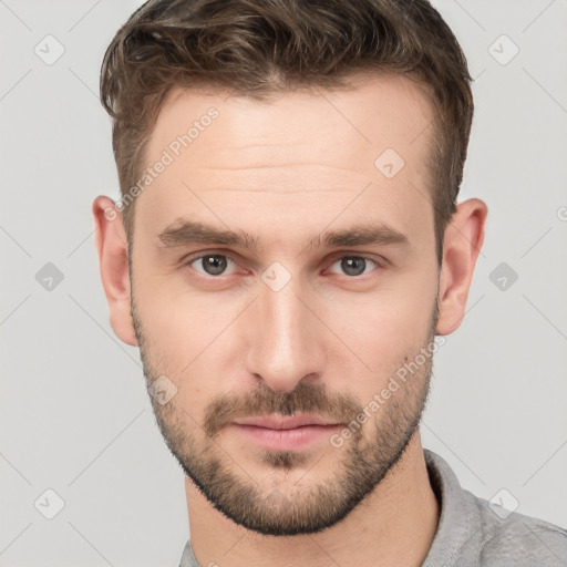 Neutral white young-adult male with short  brown hair and grey eyes