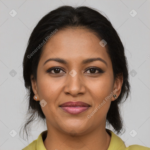 Joyful latino young-adult female with medium  brown hair and brown eyes