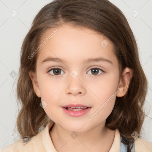 Joyful white child female with medium  brown hair and brown eyes