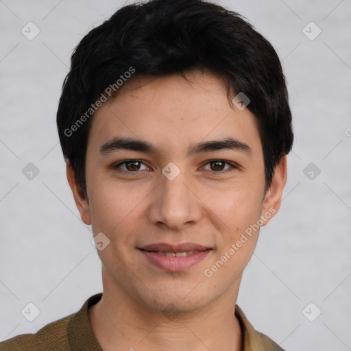 Joyful white young-adult male with short  black hair and brown eyes