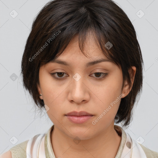 Neutral white young-adult female with medium  brown hair and brown eyes