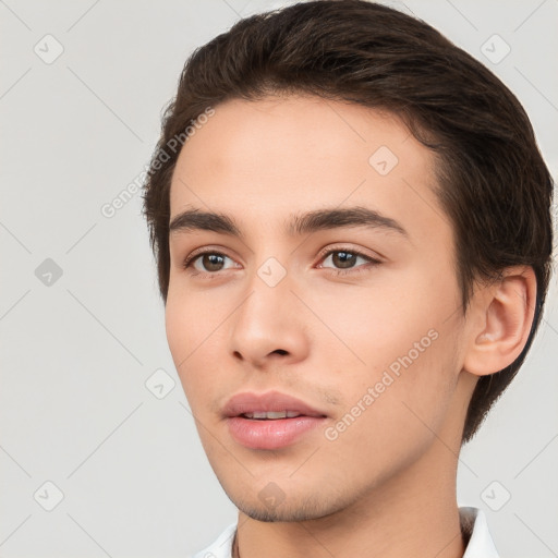 Neutral white young-adult male with short  brown hair and brown eyes