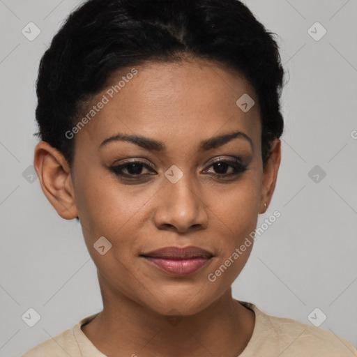 Joyful latino young-adult female with short  black hair and brown eyes