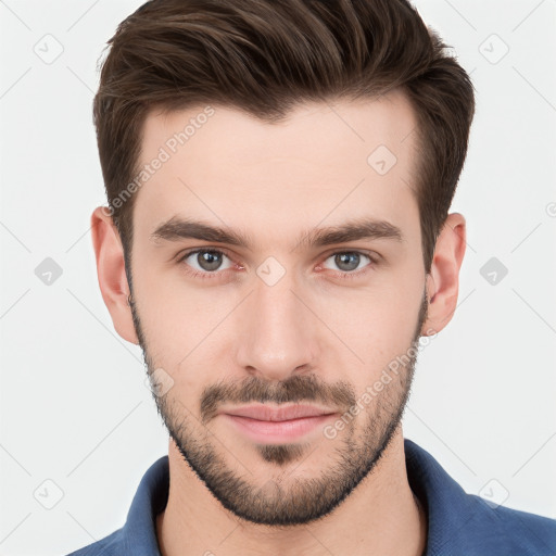 Neutral white young-adult male with short  brown hair and brown eyes