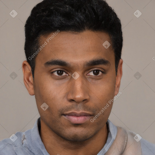 Neutral latino young-adult male with short  black hair and brown eyes