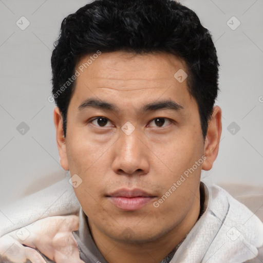 Neutral asian young-adult male with short  black hair and brown eyes