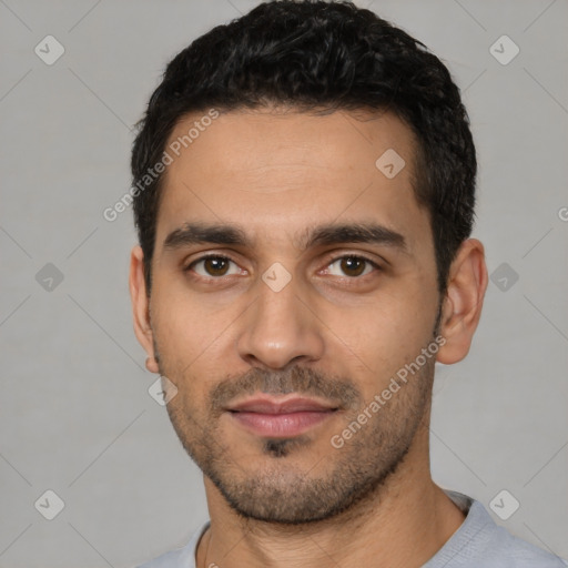 Neutral latino young-adult male with short  black hair and brown eyes