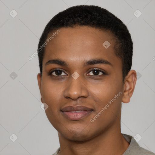 Joyful black young-adult male with short  black hair and brown eyes