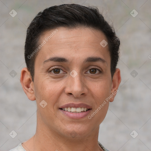 Joyful white young-adult female with short  brown hair and brown eyes