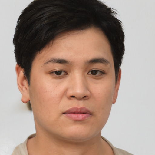 Neutral asian young-adult male with short  brown hair and brown eyes