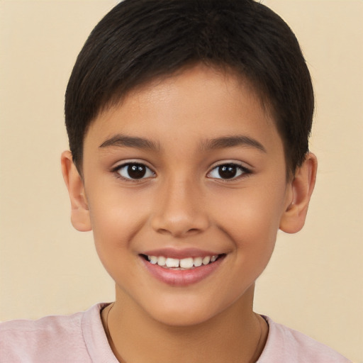 Joyful white child female with short  brown hair and brown eyes