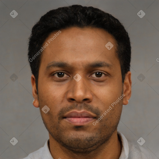 Neutral latino young-adult male with short  black hair and brown eyes