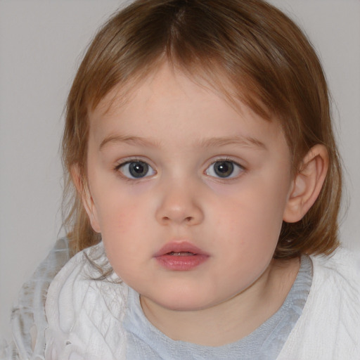 Neutral white child female with medium  brown hair and blue eyes