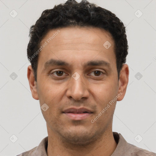 Neutral latino adult male with short  black hair and brown eyes