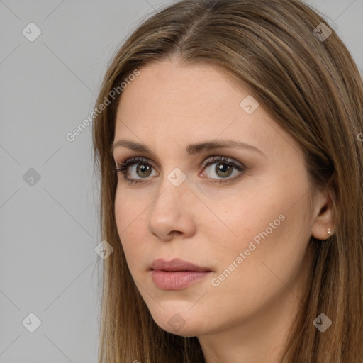 Neutral white young-adult female with long  brown hair and brown eyes