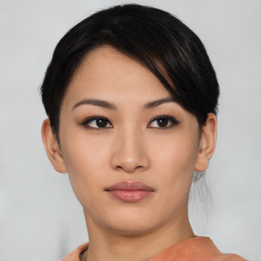 Neutral asian young-adult female with short  black hair and brown eyes