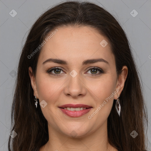 Joyful white young-adult female with long  brown hair and brown eyes