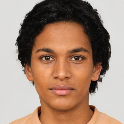 Neutral latino young-adult female with short  black hair and brown eyes